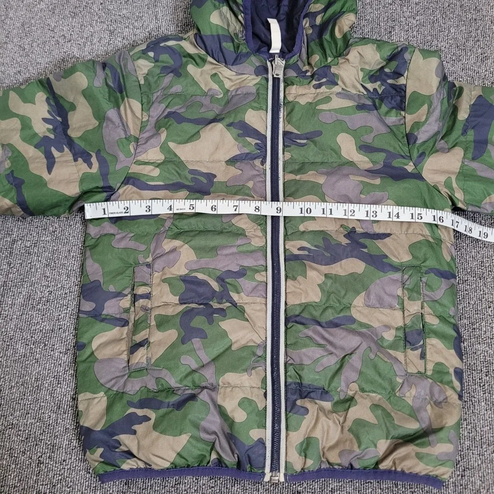 Hanna Andersson 110 Reversible Camo Puffer Jacket Kids Green Navy Down Hooded
